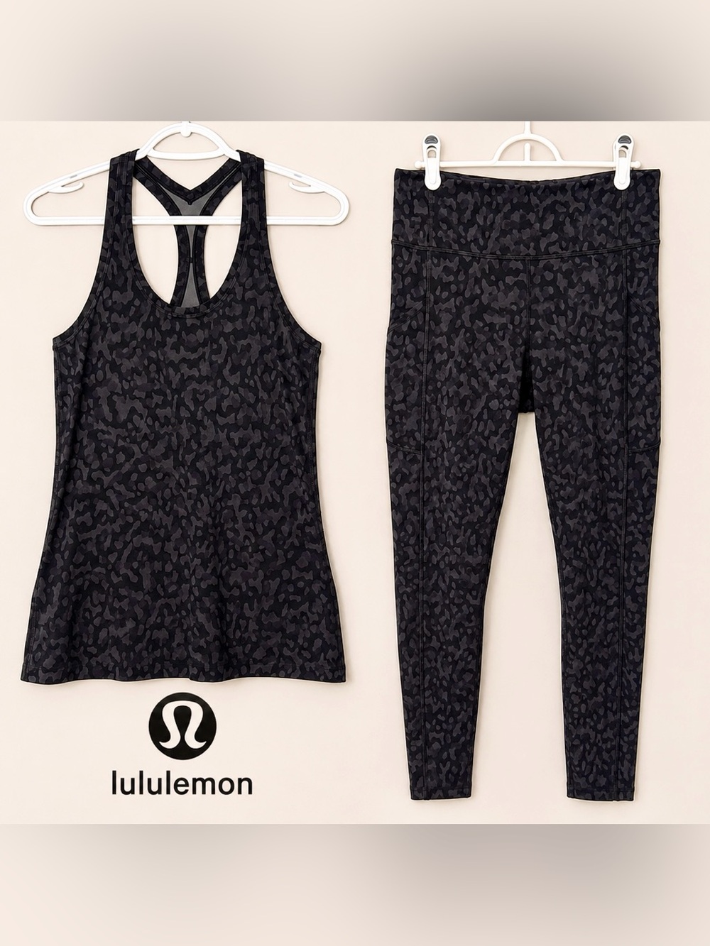 LULULEMON Matching Set-Black & Grey Camo Print Racerback Tank and 25” Leggings